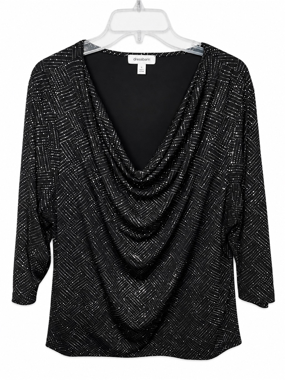 Dressbarn Woman 3X Black Silver Sparkle Cowl Neck Top Geometric 3/4 Sleeve